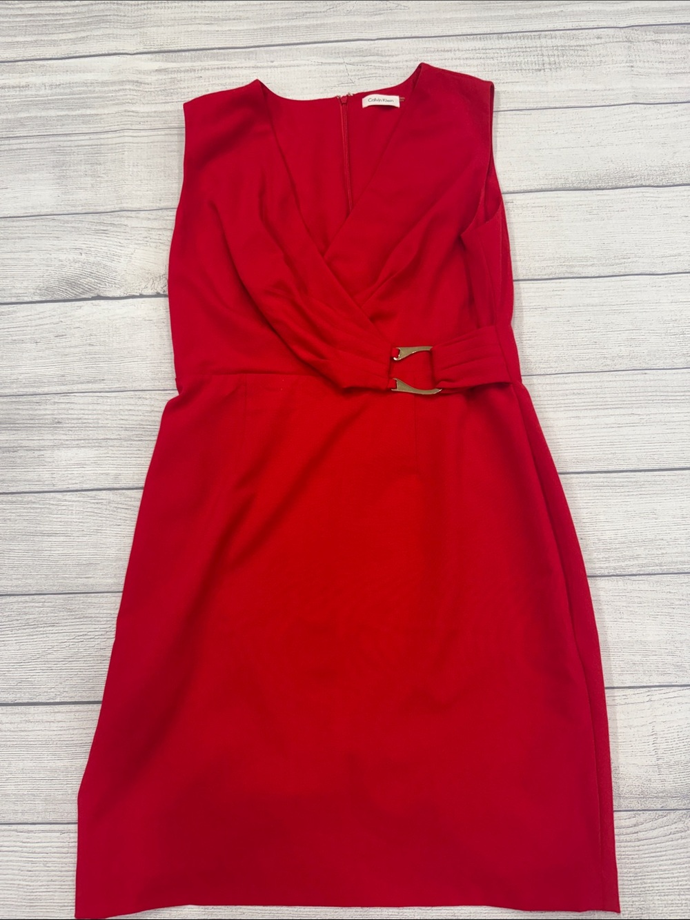 Calvin Klein Red Sleeveless Faux Wrap Sheath Dress Gold Buckle Medium